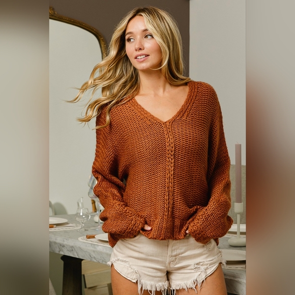 Just In!! BiBi Designer V-Neck Cable Knit Cinnamon Color Sweater - Picture 3 of 6